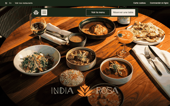 Site du restaurant India Rosa, défilement de la page d'accueil
